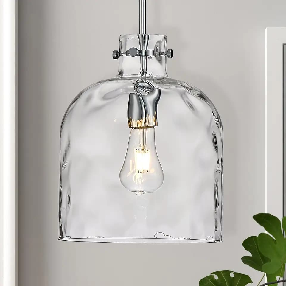 Chrome Hammered Glass Pendant Light, 10-Inch Dome, E26