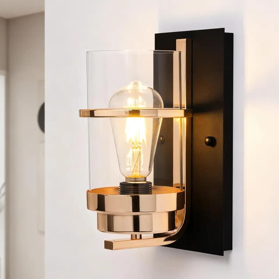 Rose Gold and Black Wall Sconce, Modern Vanity Light Fixture