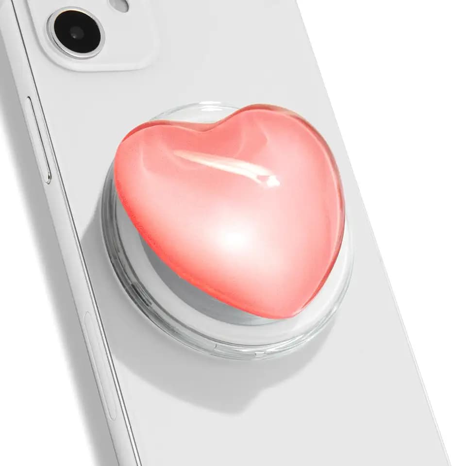 OnTheGrip Compatible with Magsafe Magnetic Cute Glass Heart Design Collapsible Mobile Phone Grip Stand Holder for Smartphone Tablet Cell Phone Accessory (Pink)