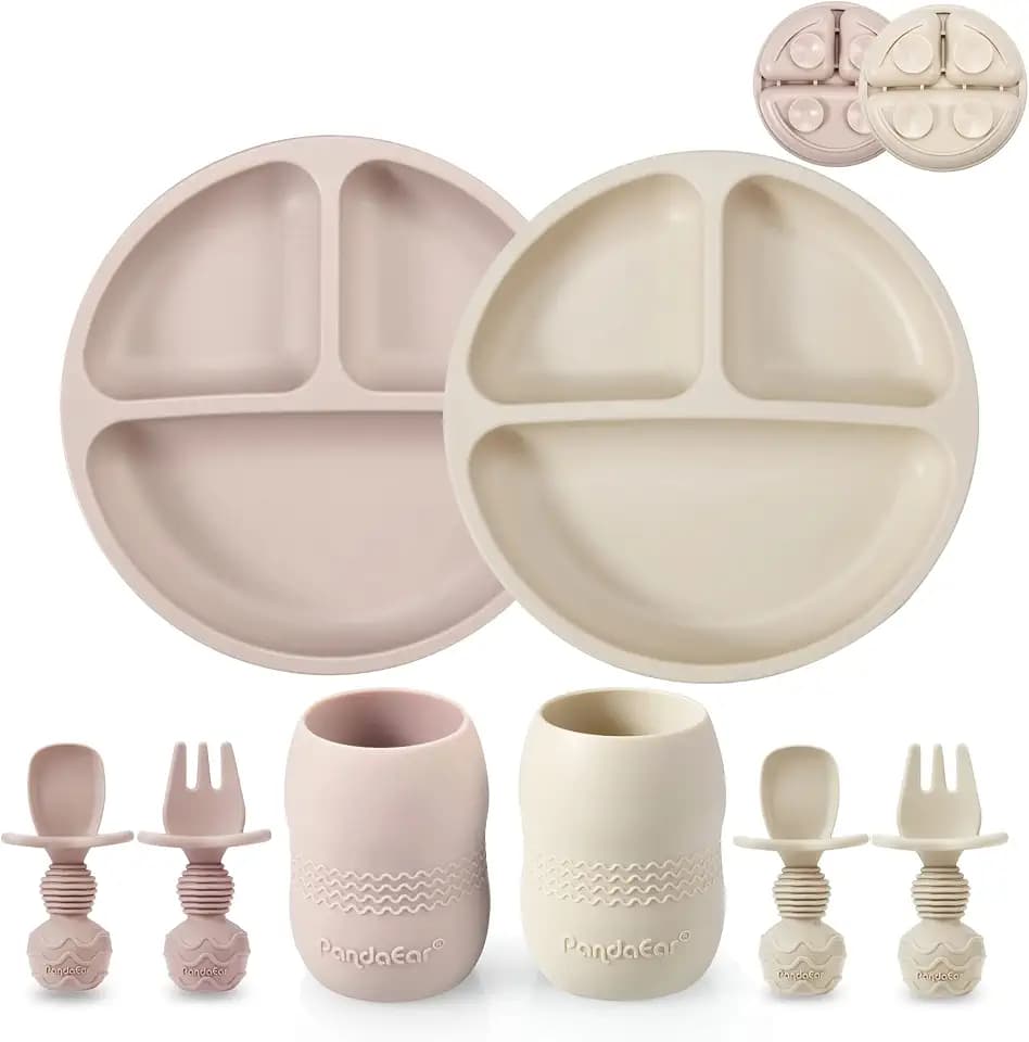 PandaEar Silikon Baby Geschirrset Kindergeschirr| 2 Kinder Teller mit Saugnapf mit 2 Babylöffel 2 Gabeln und 2 Becher Trinklernbecher ab 4 Monate| Esslernbesteck blw led Weaning Zubehör