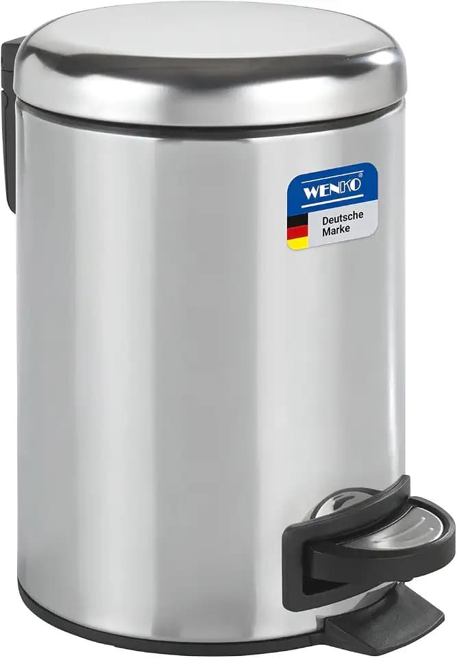WENKO Kosmetikeimer 3 Liter, rostfreier Edelstahl, herausnehmbarer Inneneimer mit Müllbeutelhalter, Mülleimer fürs Bad mit Deckel und Tretfunktion, ausklappbarer Tragegriff, glänzend, Mod. Leman