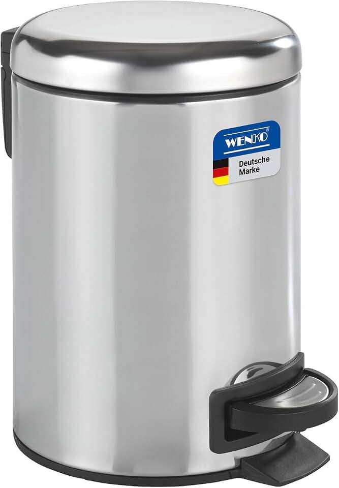 WENKO Kosmetikeimer 3 Liter, rostfreier Edelstahl, mit Absenkautomatik, Anti-Fingerprint, herausnehmbarer Inneneimer mit Müllbeutelhalter, Mülleimer fürs Bad mit Tretfunktion, matt, Mod. Leman