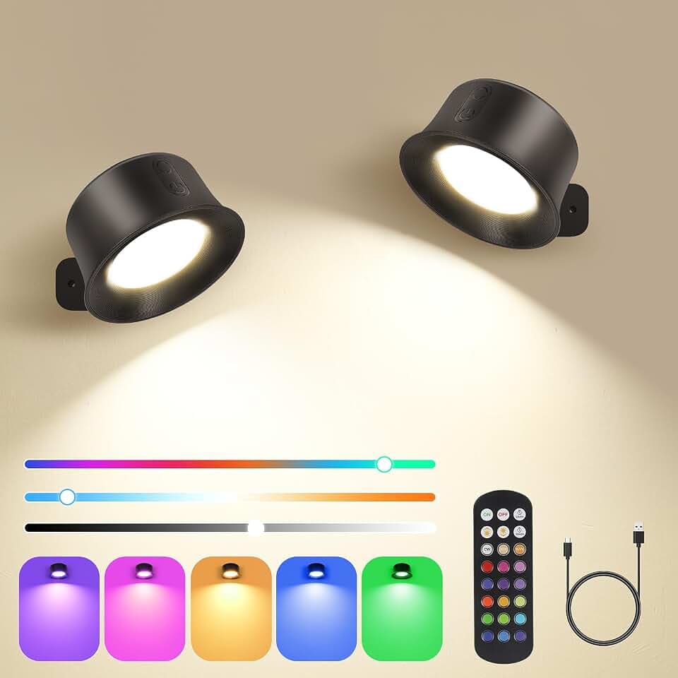 Wandleuchte Innen 2 Stück, RGB Wandlampe Wandlichter Ohne Stromanschluss, Dimmbarer Helligkeit, Touch und Fernbedienung, 360° Drehbare Akku Wandleuchte Für Kinder Wohnzimmer Schlafzimmer (Schwarz)