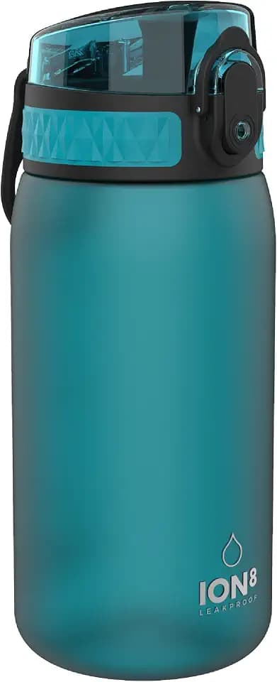 ion8 Kinder Trinkflasche, 350ml, Auslaufsicher, Einhandöffnung, Sichere Verriegelung, Spülmaschinenfest, BPA-frei, Tragegriff, Klappdeckel, Leicht zu Reinigen, Klimaneutral, Aqua