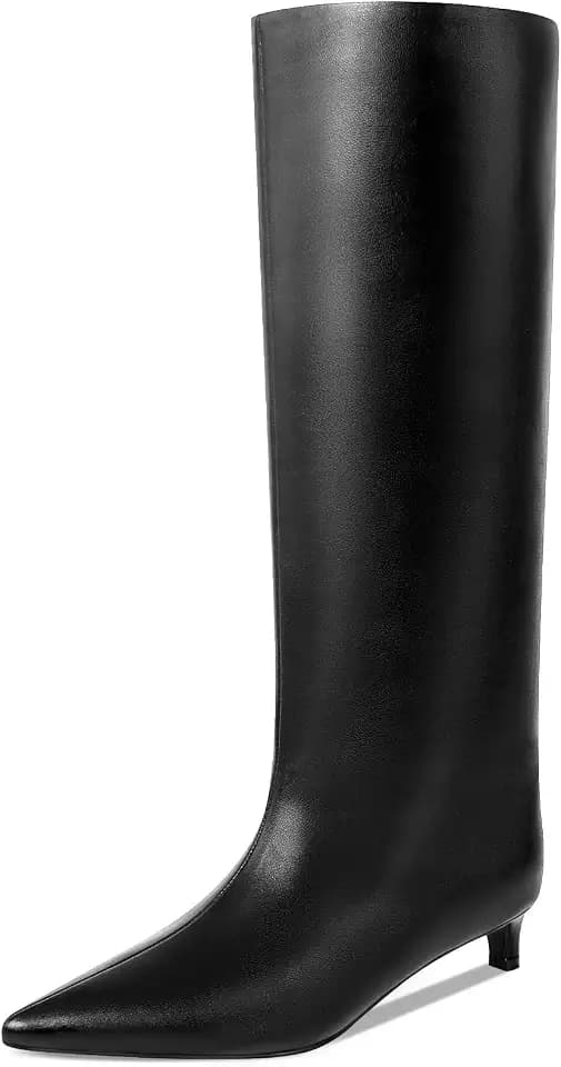 Kitten Heel Knee High Boots for Women, 1.5-in Stiletto Low Heel Long Boots Women Knee High, Womens Pull on Square Toe Tall Boots, Below the Knee Boots Faux Leather