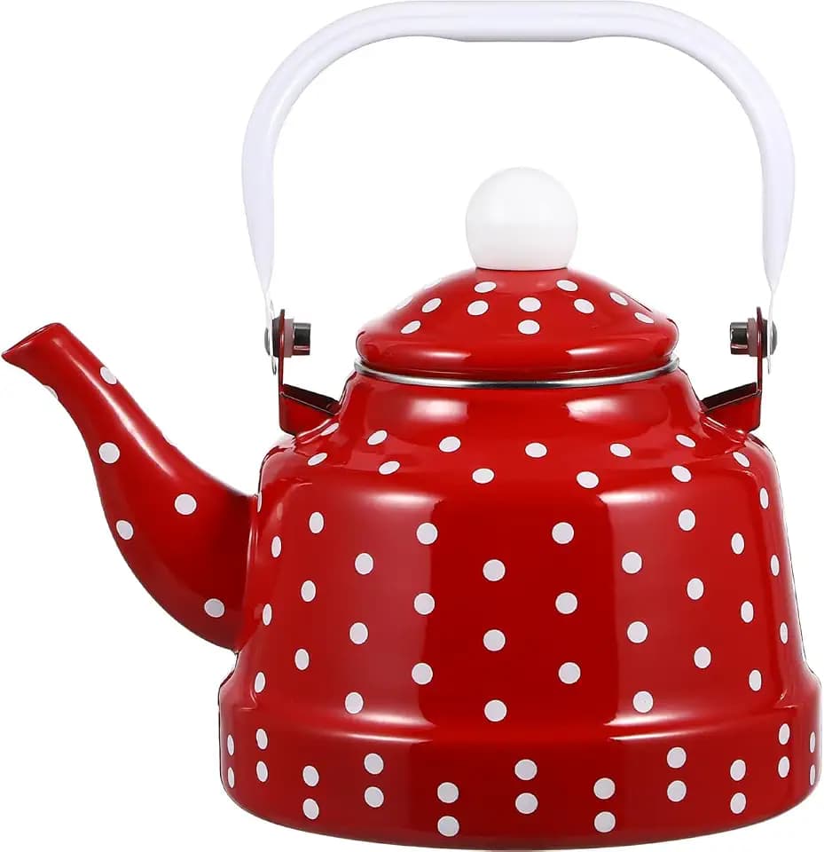 Cabilock Retro Emaille Teekanne 1,7L mit Teesieb, Vintage Teekessel Rot mit Weißen Punkten, Induktionsgeeignet, Emaillierter Wasserkessel für Herd, Camping & Landhaus-Küche