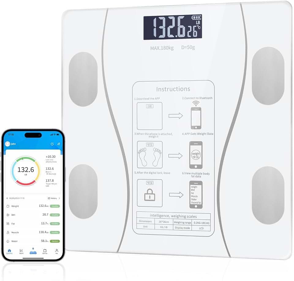Smart Body Fat Scale with Led Display - Digital Bathroom Scale with Bluetooth, Accurate Body Composition Measurement, Muscle Mass, BMI, and Body Water Analysis (White)