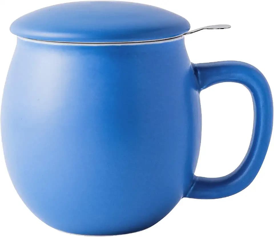 Yundu Teetasse aus mattblauer Keramik mit Teesieb und Deckel, Tasse mit Deckel zum Ziehen, Edelstahl-Teesieb für losen Tee, Heimbüro, Geschenk für Teeliebhaber, 360 ml, mattes Blau