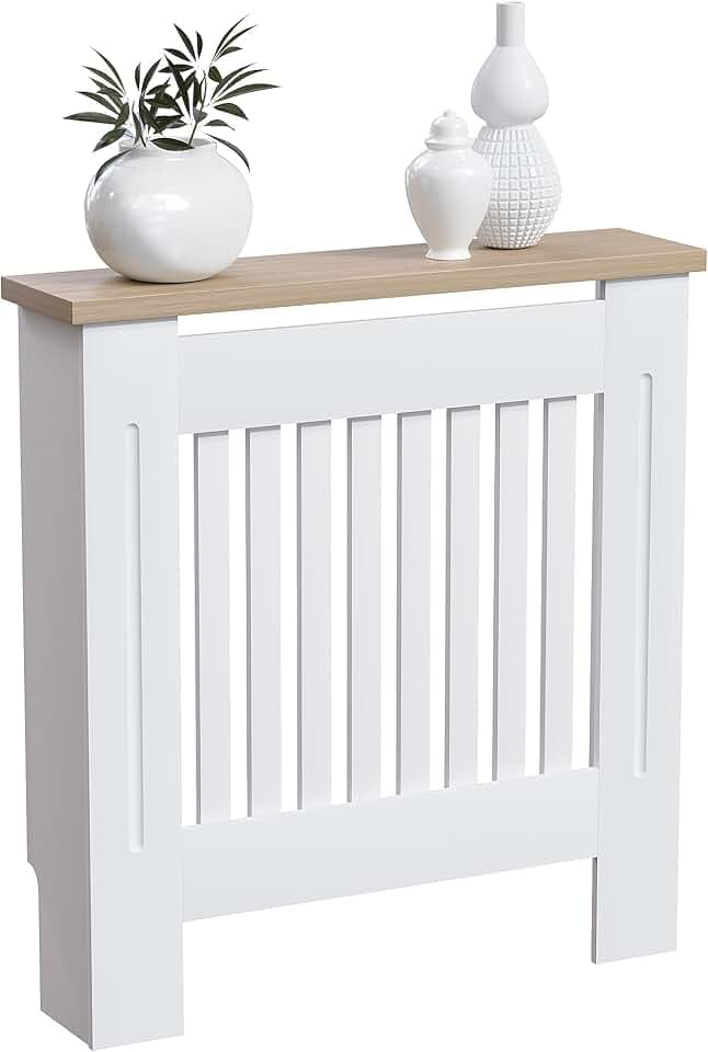 Vida Designs Arlington Heizkörperabdeckung Weiß - Klein - Modern Shaker Style Vertical Slat Design for Optimal Heat Circulation - H83.3xW78xD19cm - Lackiertes MDF-Möbel with Wood Top Shelf