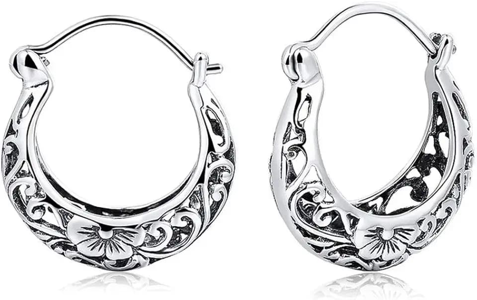 BALMORA 925 Sterling Silver Vintage Filigree Flower Hoop Earring for Women