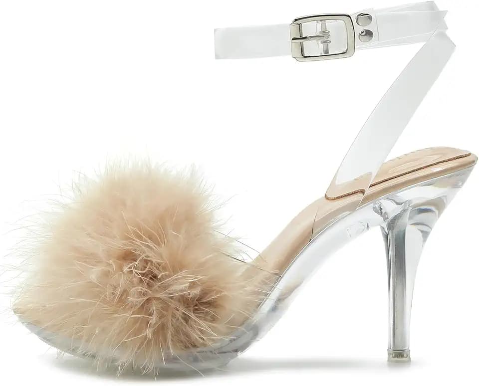 Women's Fuzzy Clear Heels Ankle StrapStilettos Heels Mules Sandals Fluffy Feather Slip On High Heeled Party Prom Dresses Shoes