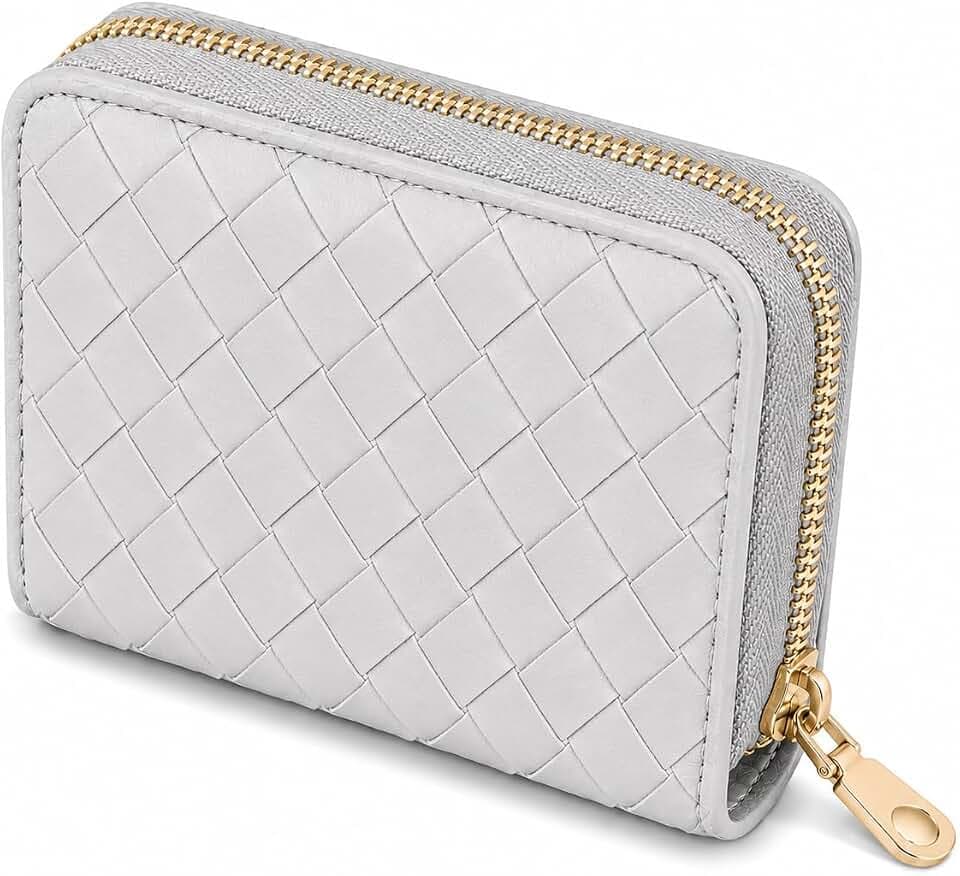 Ladies change card bag, zip storage bank card case, small portable 11 large capacity pouch, holds banknote change credit card(Braided pattern grey)