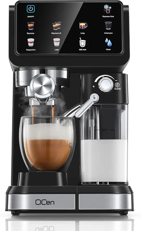 QCen Siebträgermaschine 20 Bar, 9-in-1 Espressomaschine mit Milchtank