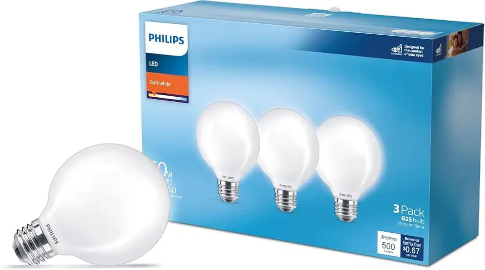 PHILIPS LED 60W G25 3-Pack Basic Soft White (2700K) 500 Lumen (5.5W = 60W) Frosted Flicker-Free Light Bulbs