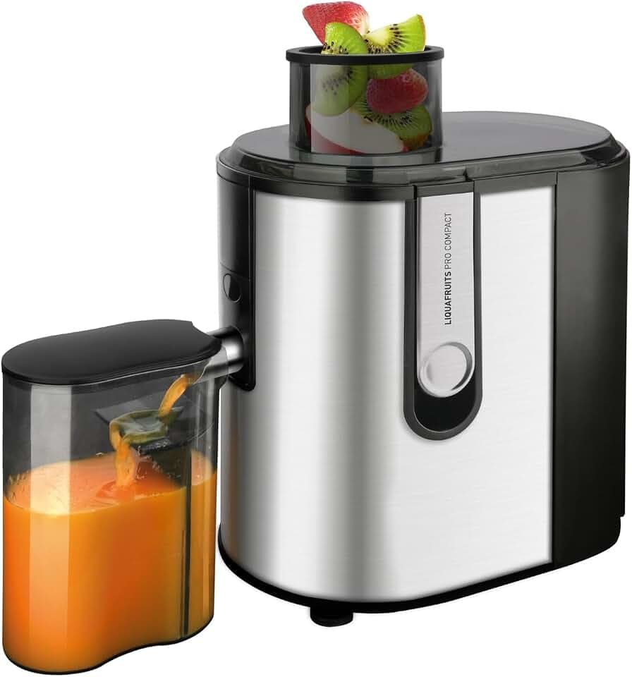 Taurus - Liquafruits Pro Compact Entsafter | 600W | Einlass 65 mm | Abnehmbarer Edelstahlfilter | 2 Geschwindigkeiten | 350-ml-Behälter | Abnehmbarer 1,2-Liter-Brei-Behälter | Anti-Tropf-System