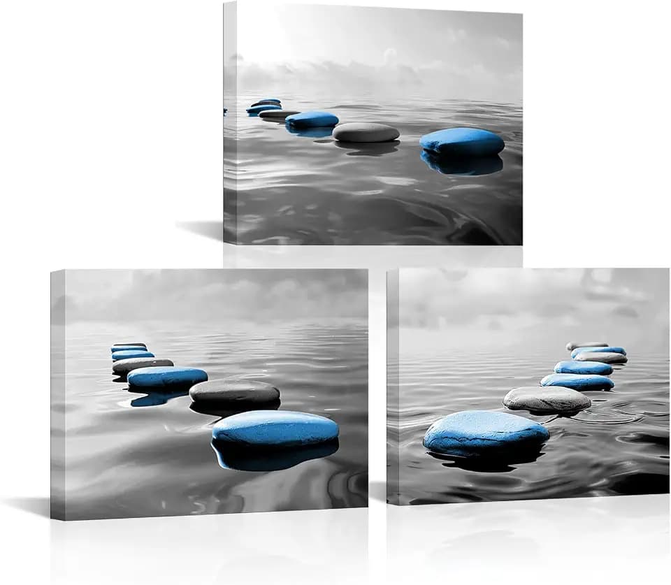 LyerArtork 3 Pieces Zen Wall Art Canvas Prints Gray Black and Blue Tranquil Zen Stones in Water Calming Modern Artwork Spa Bathroom Wall Decor for Yoga Studio Meditation Living Room 12x16inchx3