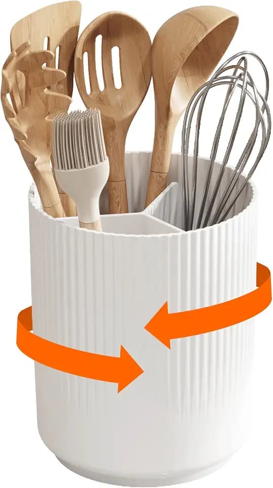 Lifewit Küchenutensilienhalter, Drehbar Behälter für Küchenutensilien, 15 x 19 cm Utensilienhalter mit abnehmbarem Fachtrenner, Besteckkorb mit Abflusslöchern und Rutschfesten Boden für Tisch, Weiß