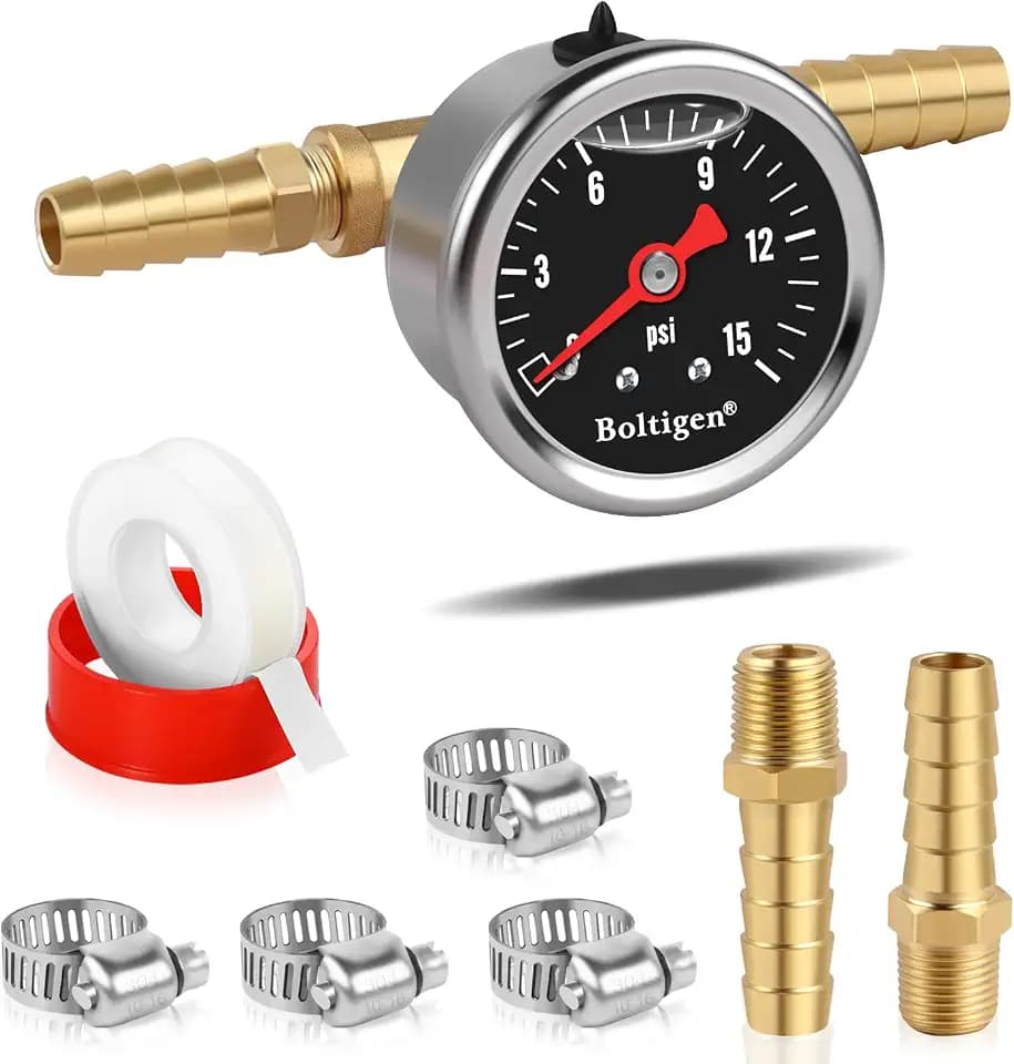 Boltigen Fuel Pressure Gauge, 0-15psi Fuel Pressure Gauge Kit, Glycerin Filled Fuel Pressure Regulator with Gauge for Car, 1/8'' NPT Inline Fuel Pressure Guage with 3/8'' 5/16'' Barb, Black