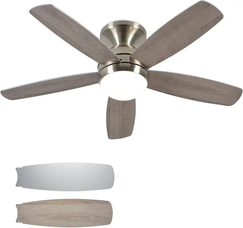 Nickel Flush Mount Ceiling Fans with Lights 52 Inch, Low Profile Ceiling Fans with Remote,Small Ceiling Fan with Wood Blades for Bedroom/Living Room/Dining Room,Reversible,Dimmable