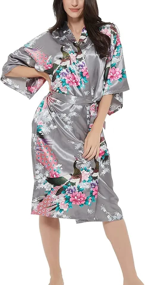 Damen Satin Rose Print Kimono Robe Premium Pfau Brautjungfer Braut Morgenmantel Nachtwäsche Nachtwäsche