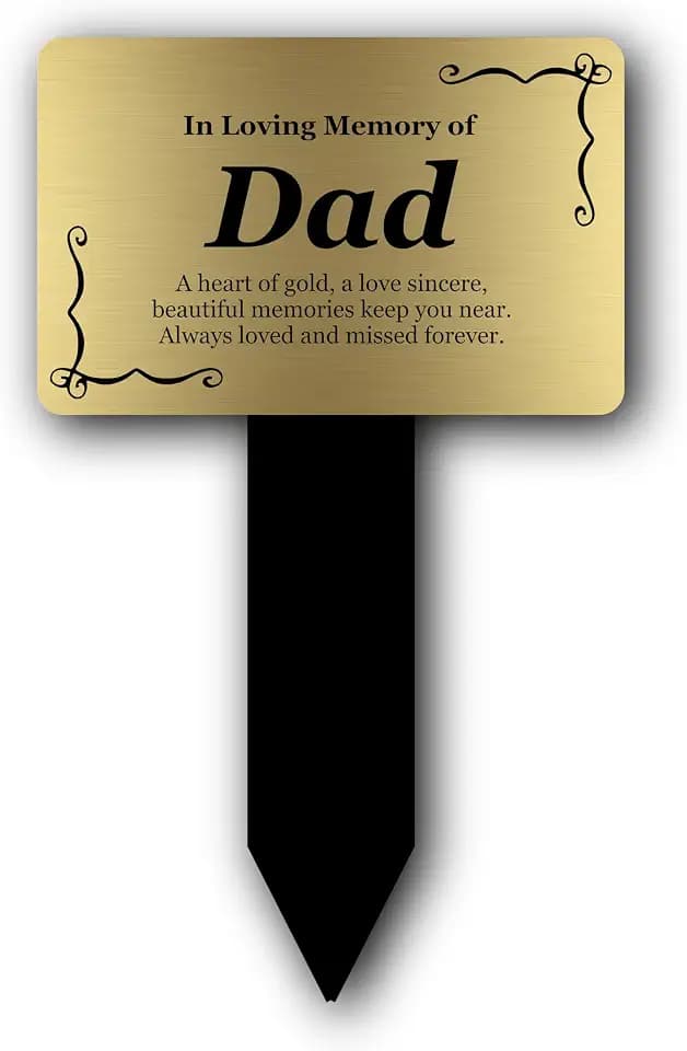 Origin Dad Memorial Garden Stake – Gold Aluminum Plaque on 5 mm Black Acrylic Stake, Weatherproof Outdoor Grave Marker, “in Loving Memory Dad” – 9.1 × 5.5 in (230 × 140 mm)