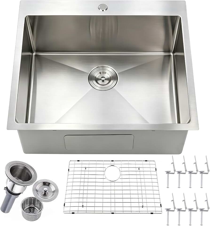 25 x 22 Inch Drop In Kitchen Sink, Topmount Stainless Steel Brushed Nickel Single Bowl Kitchen Sink, Extra-thick 16 Gauge For RV Laundry Utility with Dish Grid and Basket Strainer