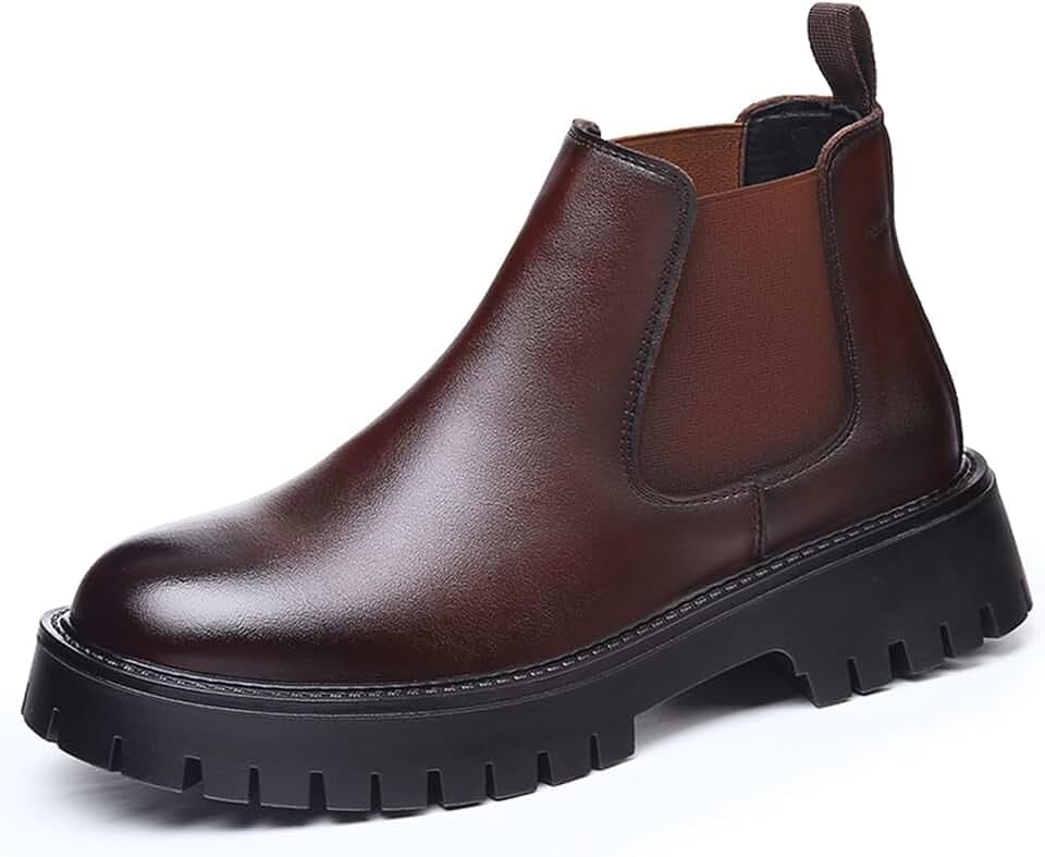 Men's Genuine Leather Slip On Chunky Platform Chelsea Boots Luxury Round Toe lug sole Work Dress boots Casual Non Slip Ankle Boots