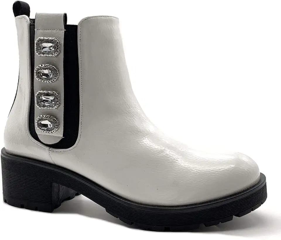 Angkorly - Damen Schuhe Stiefeletten Stiefel - Chelsea Boots - Biker - Biker - Lackiert - Strass - Bicolor Blockabsatz 4.5 cm