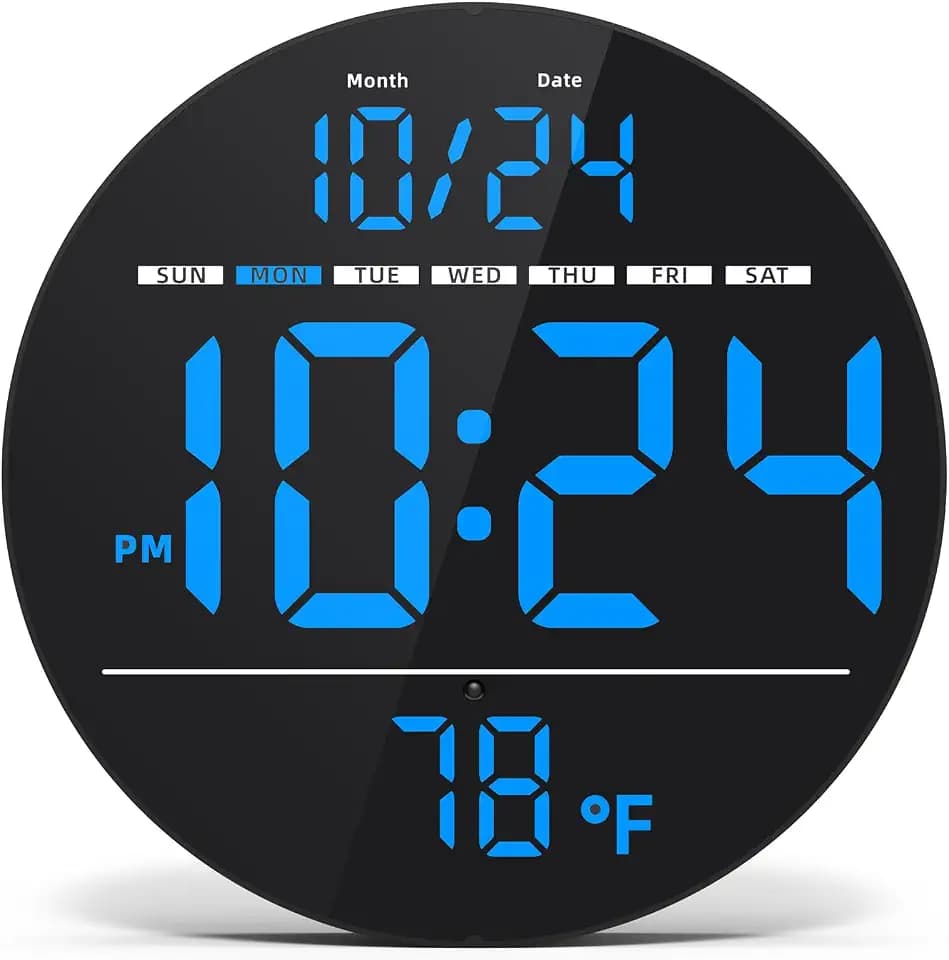 Digital Wall Clock with Large LED Display, Date, Temperature, Auto-Brightness | Small [PLUG-IN] Clock | Modern Electric Wall Clock for Bedroom, Classroom, Living Room, Home, Office, Farmhouse - Blue