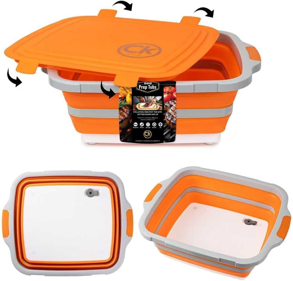 EXTRA LARGE Collapsible BBQ Prep Tub XL with LOCKING Lid, Cutting Board & Drain Hole | BPA-Free, Food-Grade, Space-Saving Marinating Container for Grilling, Kitchen & Outdoor Cooking (Orange, 30 L)