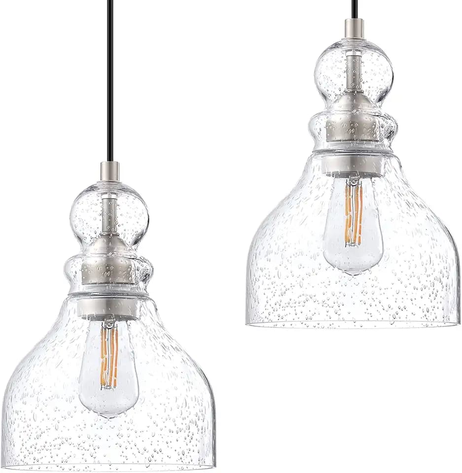 2 Pack 1 Light Pendant Ceiling Light Kitchen Island 6.5" Hand Blown Seeded Glass Brushed Nickel Finish Modern Industrial Farmhouse Lighting for Bedroom Sink Restaurant bar Corridor