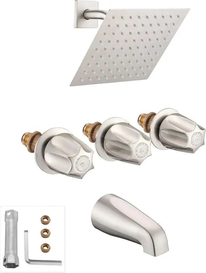 8" Rain Shower Faucet& Bathtub 3 Handle Knob Replacement for Price Pfister Verve Remodel/Rebuild Trim Kit, Brushed Nickel