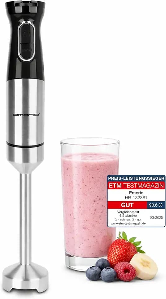 EMERIO Stabmixer mit kraftvollen 1000 Watt | Pürierstab (abnehmbar) und Messereinheit aus langlebigem Edelstahl | einstellbare Geschwindigkeit | TURBO Taste | ergonomisch | HB-132381