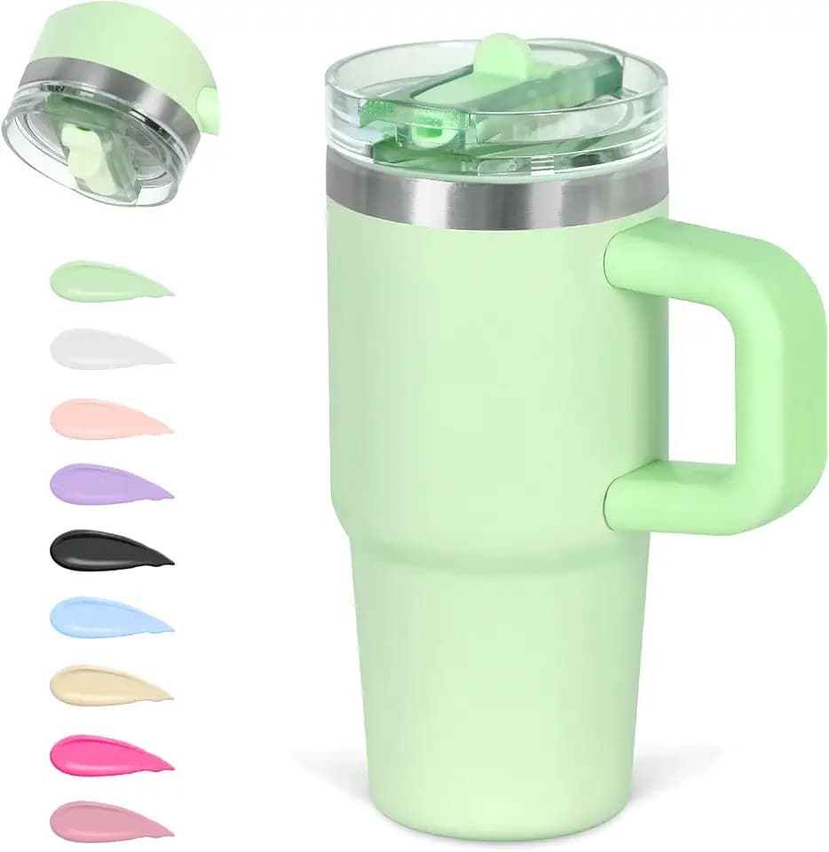 14 Oz Flip Straw Tumbler with Handle for Kids, Stainless Steel Double Wall Insulated Cup for Children with Flip Top Lid, 14 Oz Leak-proof Cups for Kids, Green