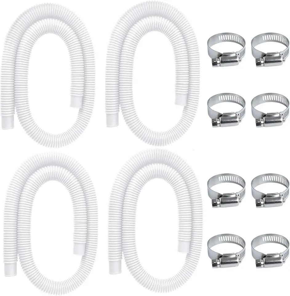 Pool Pump Replacement Hose for Above Ground Pools, 4 Pack 1.25 x 59 Inch Filter Pump Hose, Compatible with Intex Filter Pump 607, 637, 330GPH, 530GPH, 1,000GPH, Includes 8 Metal Clamps, White