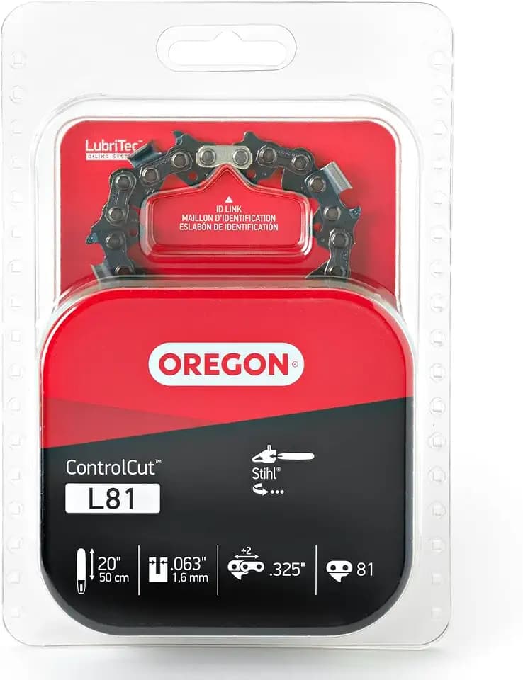Oregon L81 ControlCut Sägekette für 20 Zoll Bar – 81 Treibglieder, Ersatz-Kettensägeblatt mit niedrigem Rückschlag, 0,063 Zoll Dicke, 0,325 Zoll Teilung, passend für mehrere Stihl-Modelle (L81)