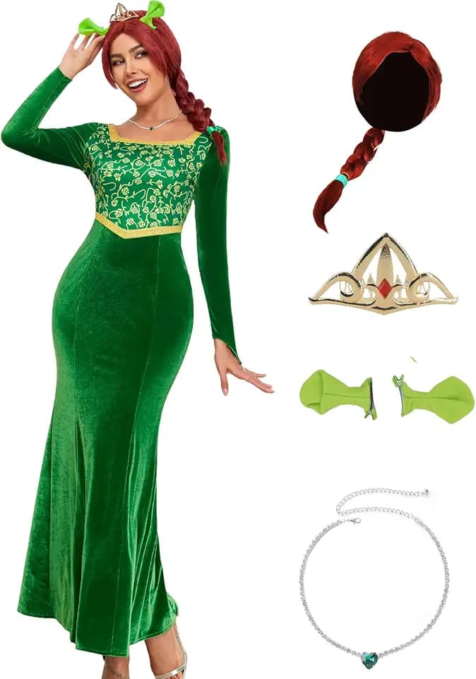 PAINEOMN Princess Costume for Women Princess Dress Adult Long Sleeves Green Dress Gown Dress Halloween Cosplay Party Outfit