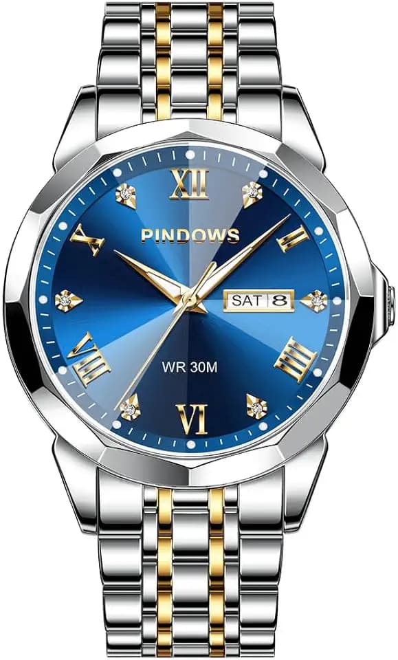 PINDOWS Uhren Herren Retro Zweifarbig Edelstahl Quarz Armbanduhr