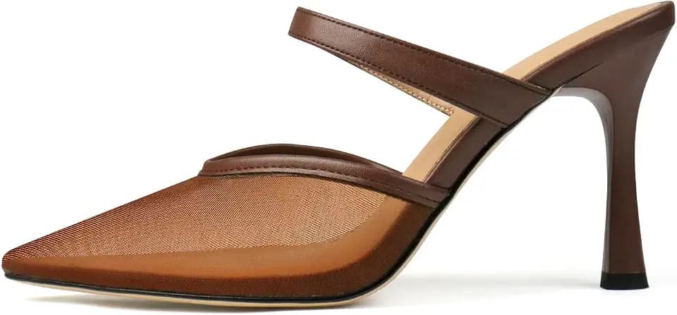 Mesh Kitten Heels for Women Slip On Pointed Closed Toe Mules Heeled Sandals Cute Pumps Dress Party