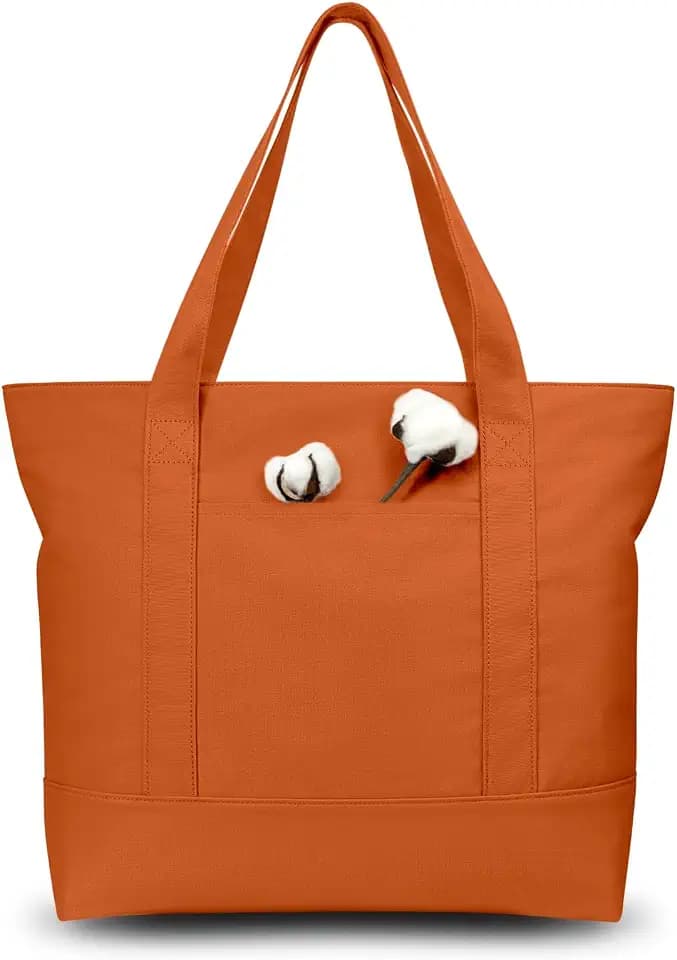 TOPDesign 1-Pack Canvas Tote Bags with an External Pocket, Reusable Grocery Shopping Bags, Top Zipper Closure, Daily Essentials (Orange)