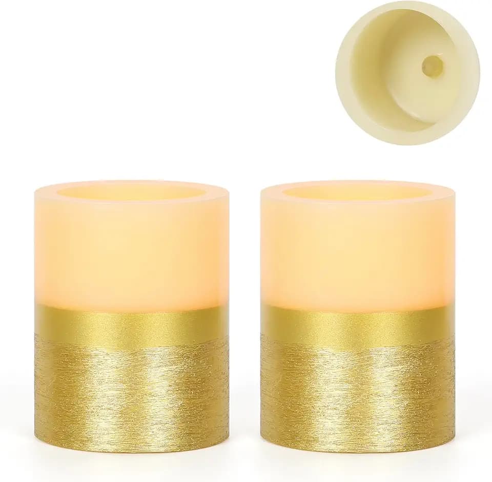 Set of 2 Gold LED Pillar Candle Flickering Flameless Candle with Timer, Home Decoration Party