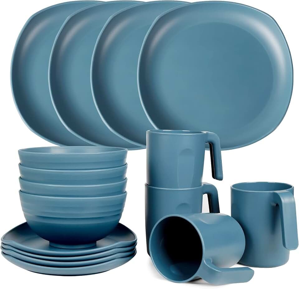Greentainer Geschirrset aus PP | Leichtes & Unzerbrechliches 16 pcs Geschirrservice für Kinder & Erwachsene,Tafel-Kombiservice mit 4 Speiseteller, 4 Dessertteller, 4 Schüsseln,4 Tasse für 4 Personen