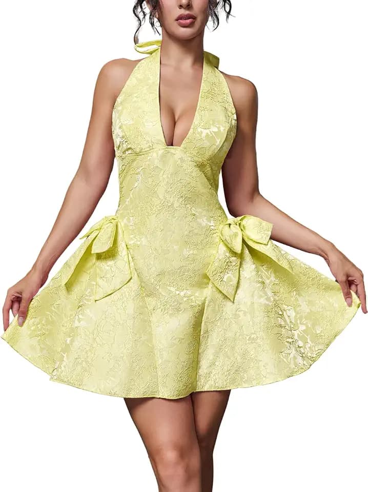 ChiaoLezhee Halter V Neck Mini Dress, Jacquard Bow A Line, Homecoming Prom, Sexy Short Dresses for Women HOCO Formal Birthday