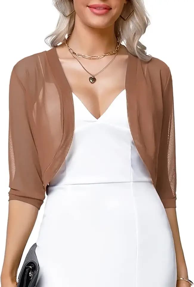 Aiboria Women 3/4 Sleeve Sheer Shrugs Open Front Mesh Bolero Cropped Cardigan S-XXL