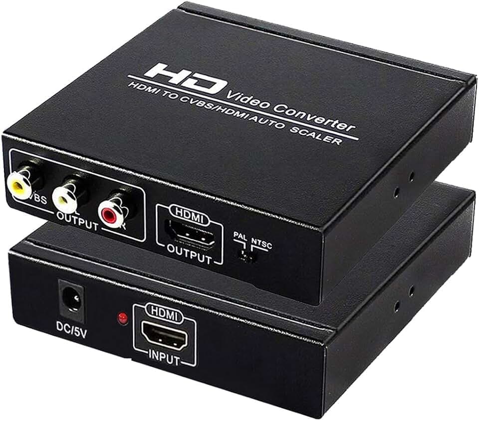 HDMI to RCA and AV 3RCA Converter Adapter, Support 1080P, PAL, NTSC for HD TV and Older TV (Black, Iron Shell)
