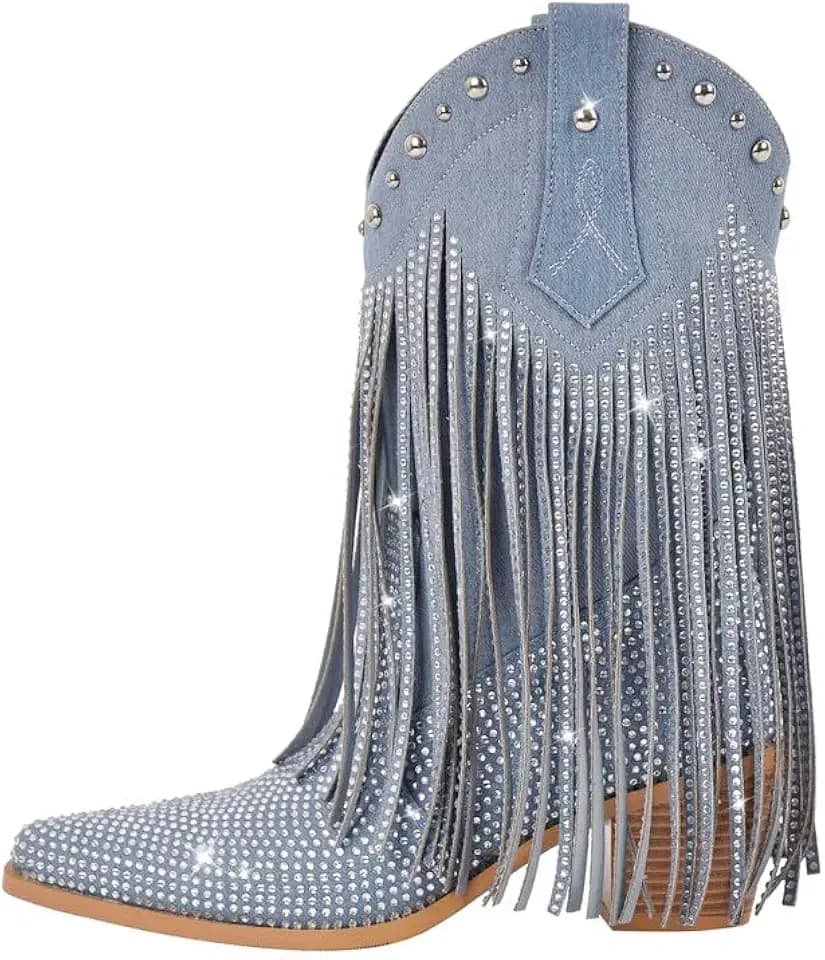 sexytag Women's Sparkly Fringe Cowgirl Cowboy Boots for Women Wide Calf Tassal Western Mid-calf Boots