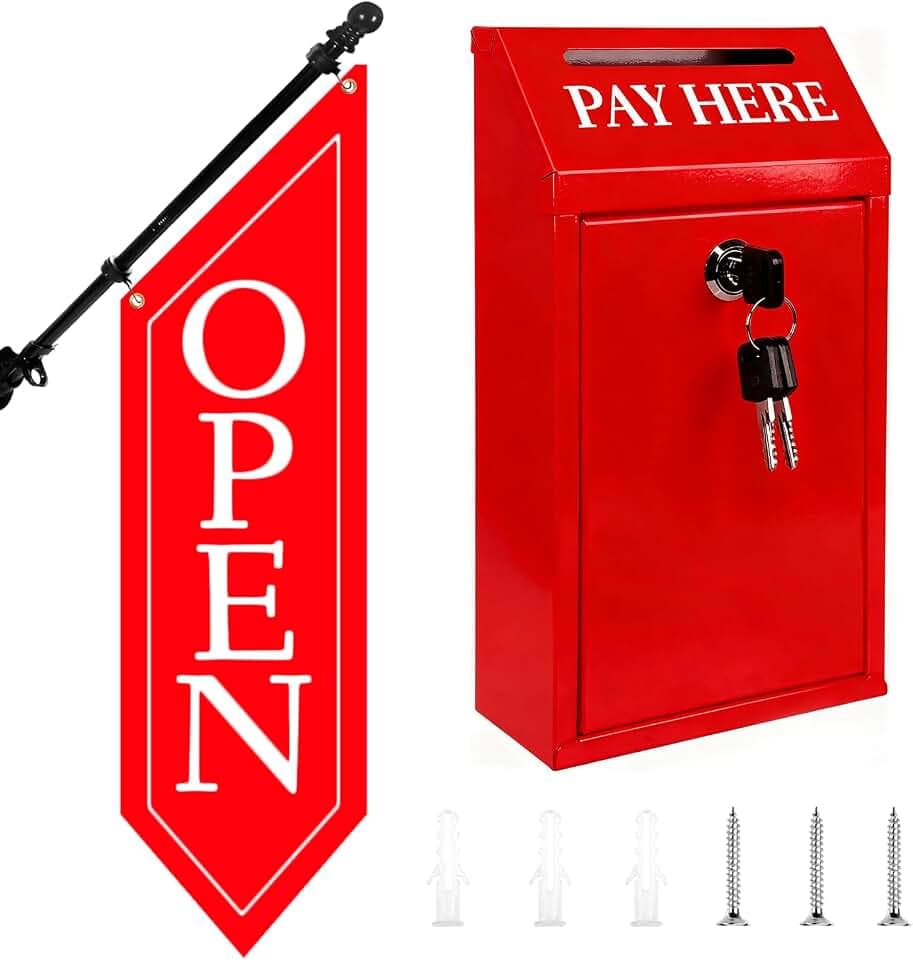 Locking Metal Cash Box with Key – 10.2"x5.7"x2.8" Money Collection Safe for Farm Stand or Retail – OPEN Flag Banner Kit with Pole & Bracket, Double-Sided Canvas Open Sign 42"x12" (Red)