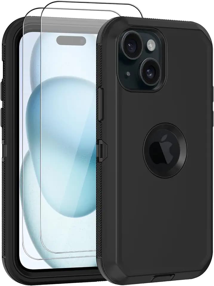 for iPhone 15 Plus Case,with 2 Screen Protector Heavy Duty Drop Protection,Full Body Rugged Shockproof Dust Proof Protective Phone Cover for Apple iPhone 15 Plus 6.7” (Black with 2 Screen Protector)