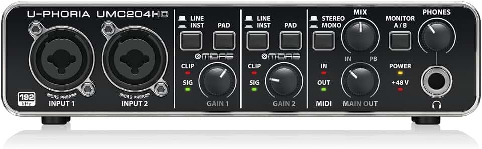 Behringer U-PHORIA UMC204HD Audiophiles 2x4, 24-Bit/192 kHz USB-Audio/MIDI-Interface mit Midas-Mikrofonvorverstärkern
