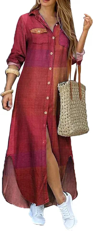 OMZIN Hemdkleider Für Damen Geknöpfter Kragen Vintage Langärmliges Bedrucktes Maxikleid Mit Taschen Weinrot 3XL
